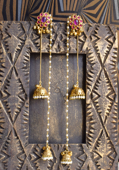 Ruby Pink Kumud Earrings with Ghungroo & Jhumka Kashmiri Latkan