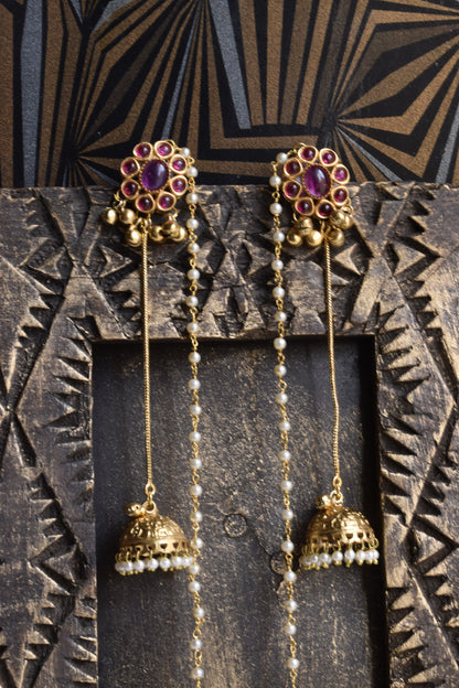 Ruby Pink Kumud Earrings with Ghungroo & Jhumka Kashmiri Latkan