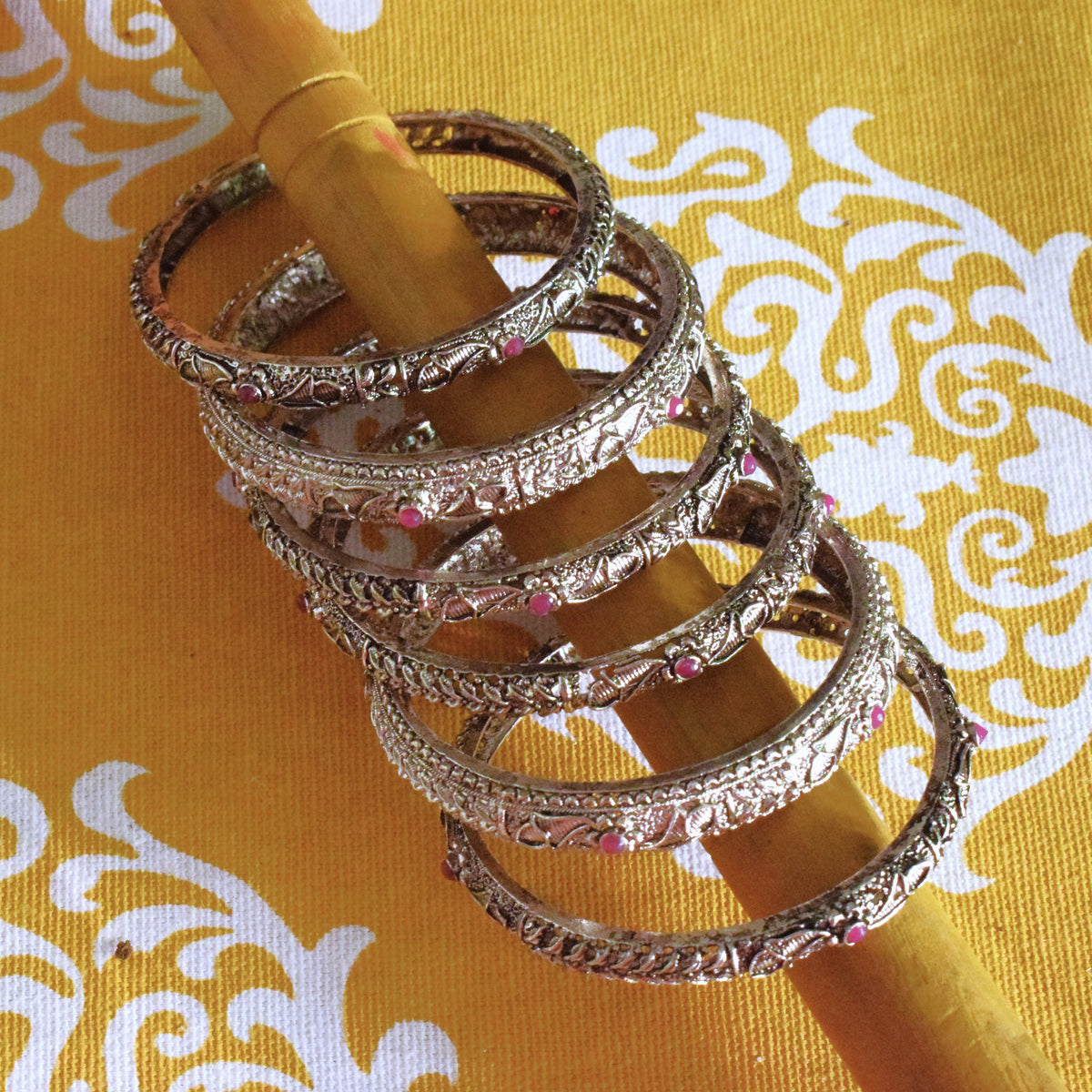 Designer German Silver Gemstone Bangles (Set of 6)