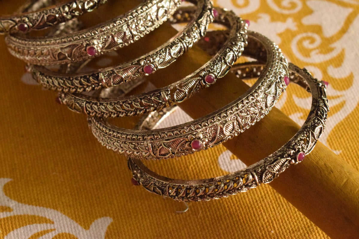 Designer German Silver Gemstone Bangles (Set of 6)
