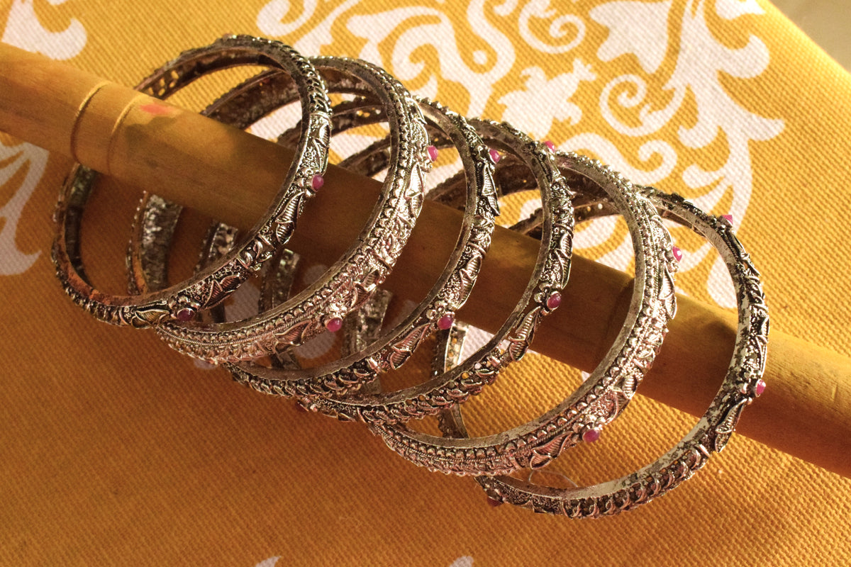 Designer German Silver Gemstone Bangles (Set of 6)