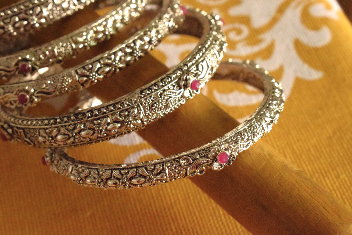 Designer German Silver Gemstone Bangles (Set of 6)