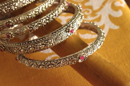 Designer German Silver Gemstone Bangles (Set of 6)