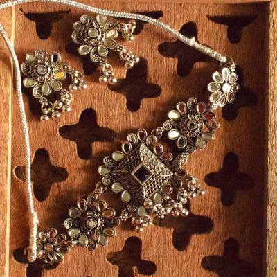 PhoolKumari Silver Oxidised Choker Mirror Necklace with Earrings