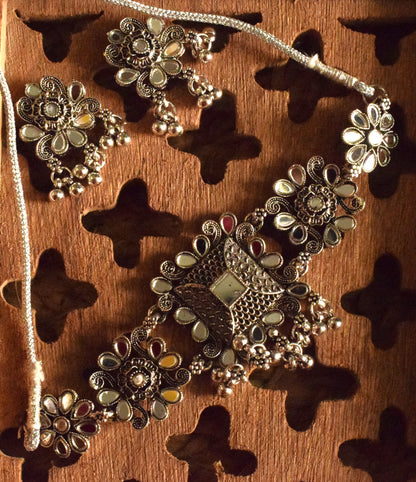 PhoolKumari Silver Oxidised Choker Mirror Necklace with Earrings