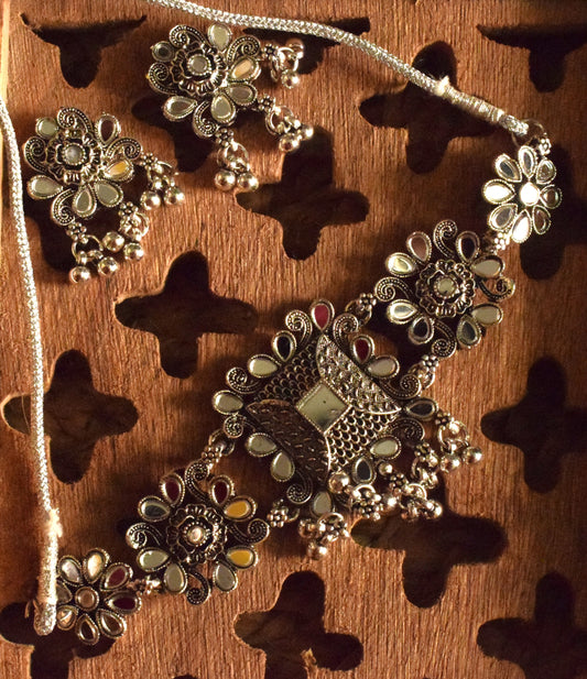 PhoolKumari Silver Oxidised Choker Mirror Necklace with Earrings