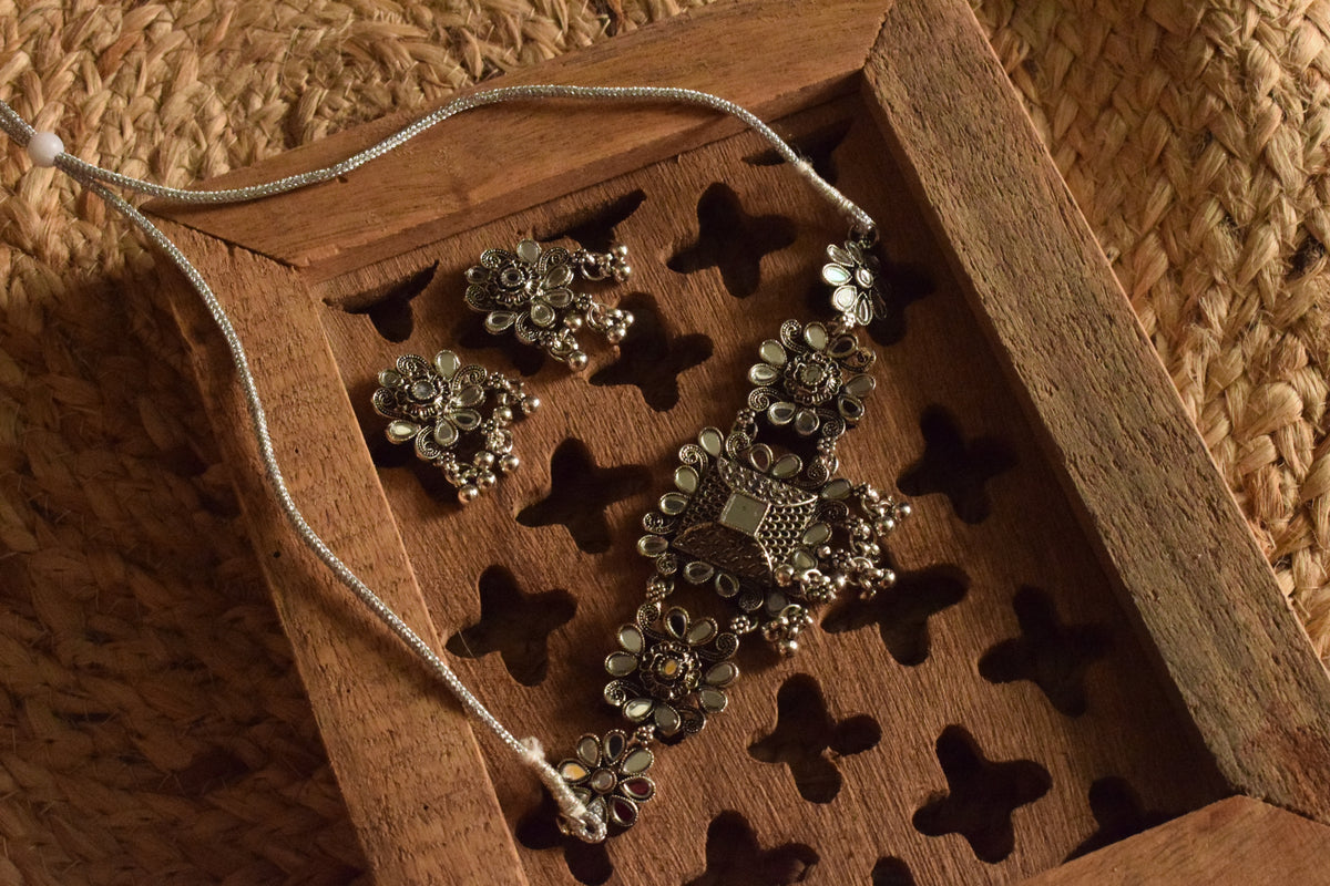PhoolKumari Silver Oxidised Choker Mirror Necklace with Earrings