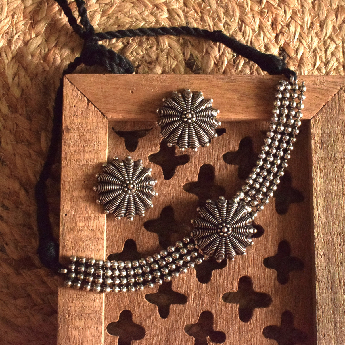 German Silver Floral Tribal Choker Necklace with Earrings
