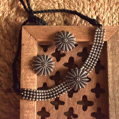 German Silver Floral Tribal Choker Necklace with Earrings