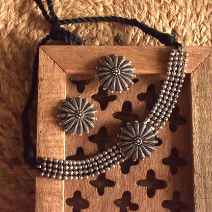 German Silver Floral Tribal Choker Necklace with Earrings