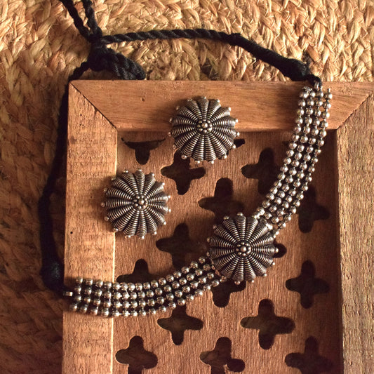 German Silver Floral Tribal Choker Necklace with Earrings