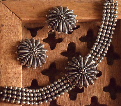 German Silver Floral Tribal Choker Necklace with Earrings