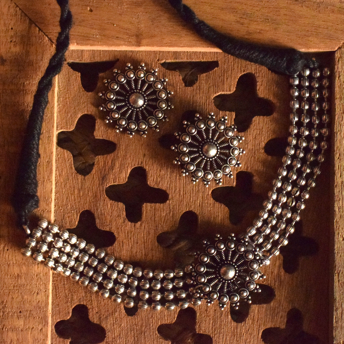 German Silver Chakra Tribal Choker Necklace with Earrings