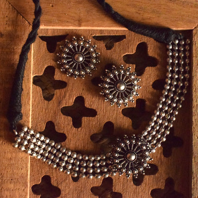 German Silver Chakra Tribal Choker Necklace with Earrings