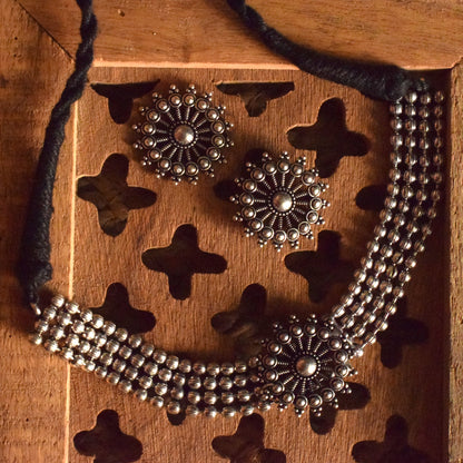 German Silver Chakra Tribal Choker Necklace with Earrings