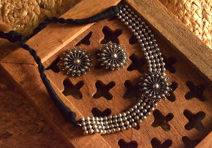 German Silver Chakra Tribal Choker Necklace with Earrings