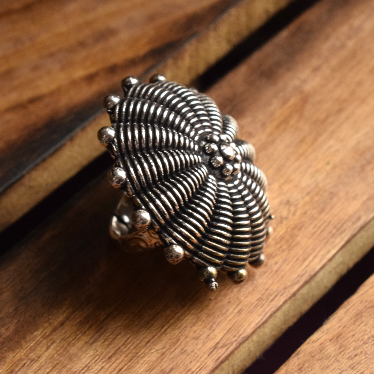 Large German Silver Oxidized Gerbera Finger Ring