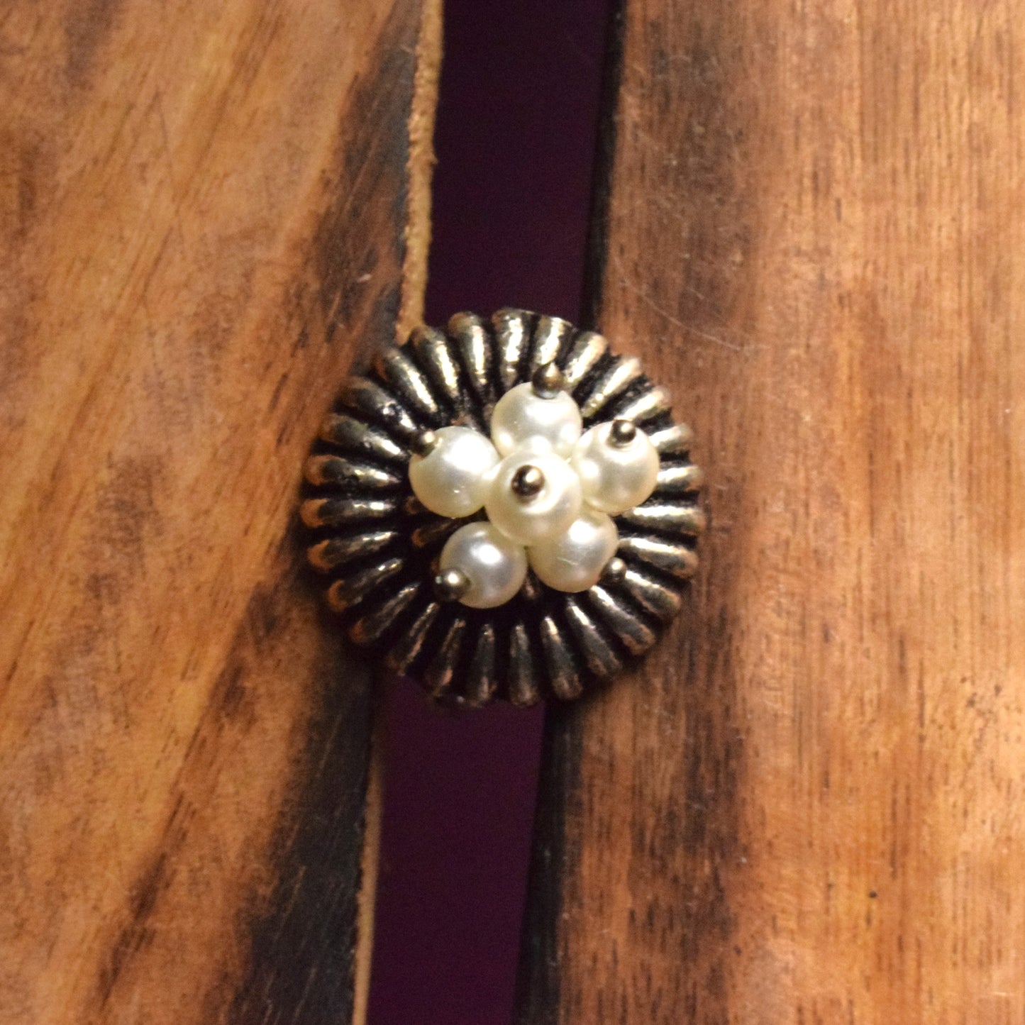 German Silver Oxidized Pearl Bead Finger Ring