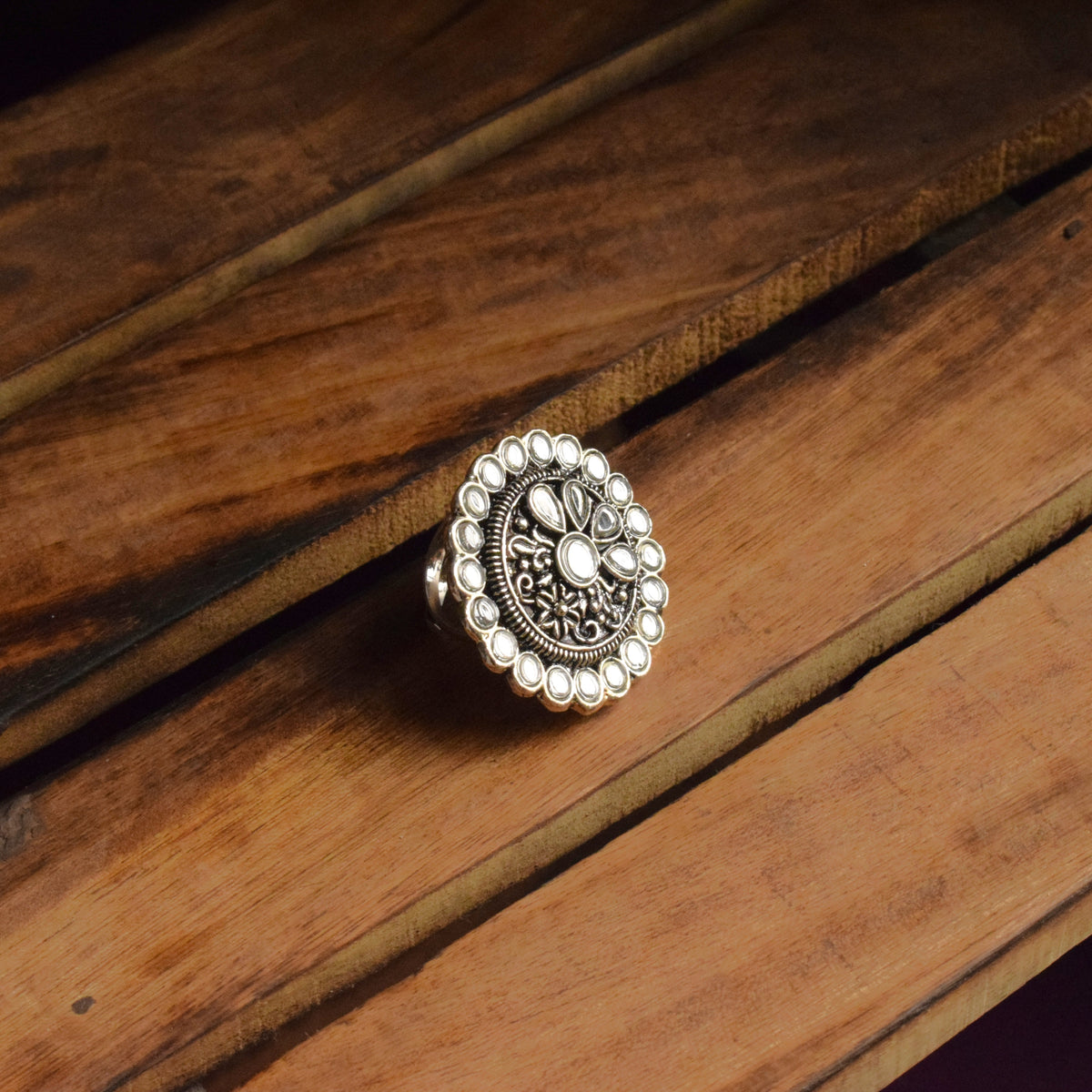 Silver Oxidised Mirror Motif Finger Ring