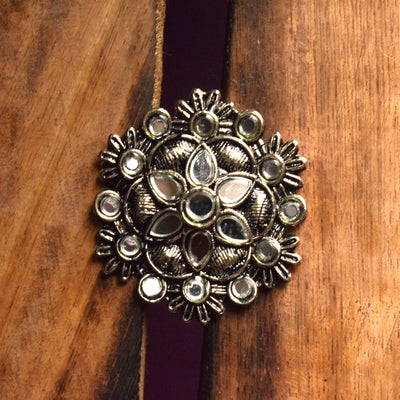 Silver Oxidised Mirror Floral Scallop Finger Ring