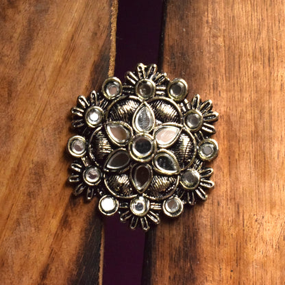 Silver Oxidised Mirror Floral Scallop Finger Ring