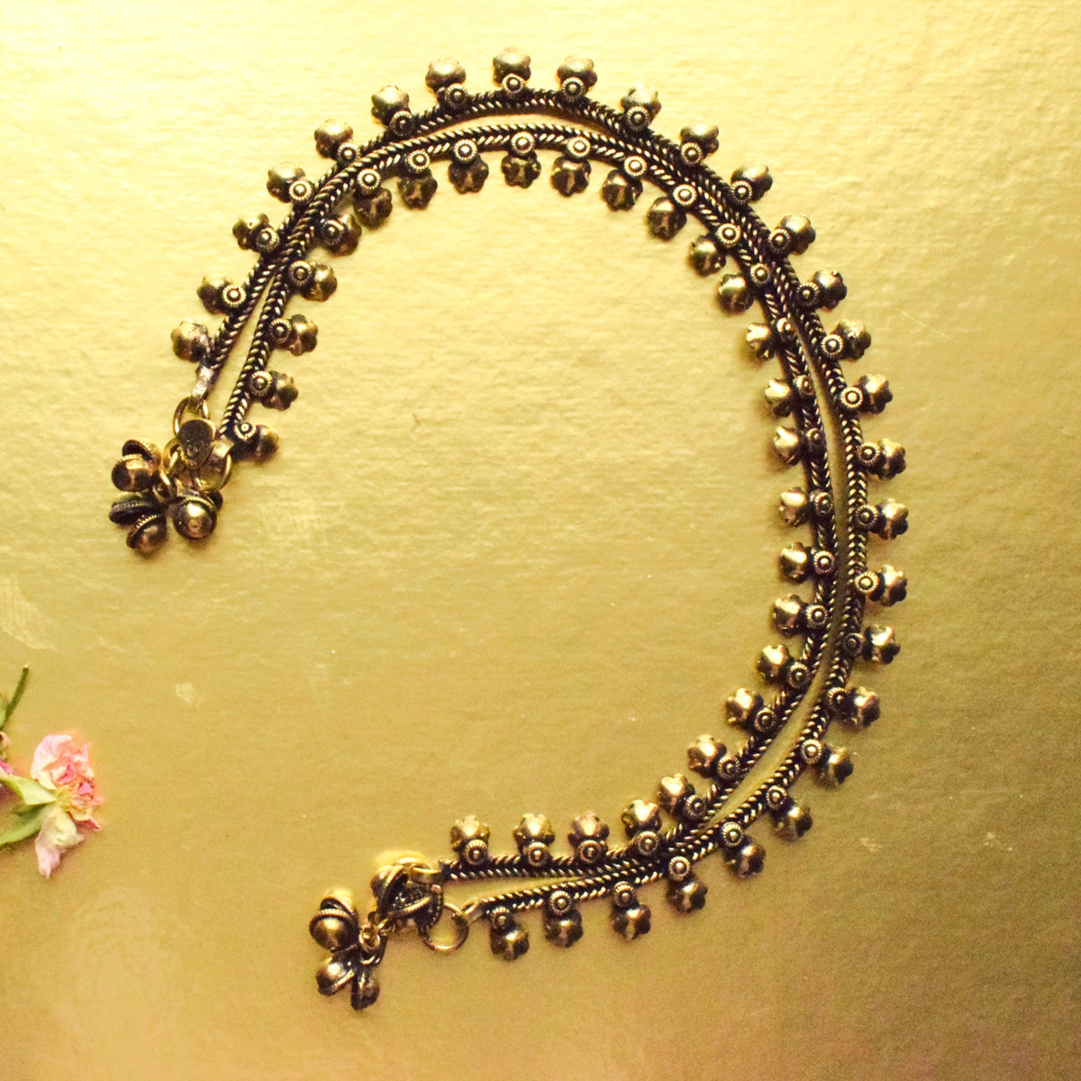 Golden Oxidised Flower Bead Brass Anklets