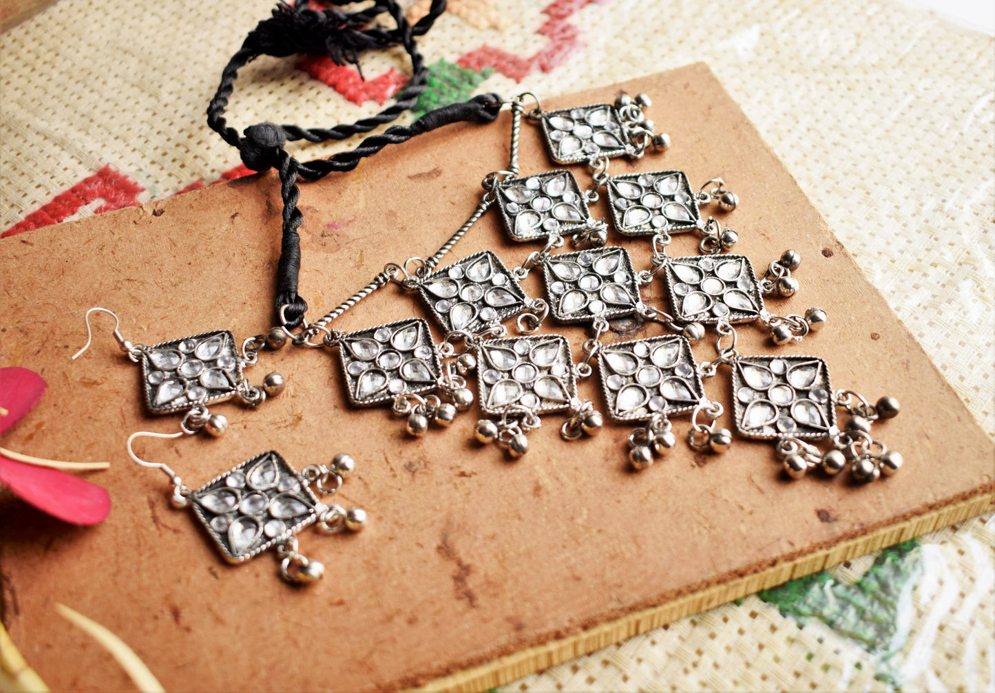 Ethnic Kundan Silver Oxidised Ghungroo Choker Necklace Set