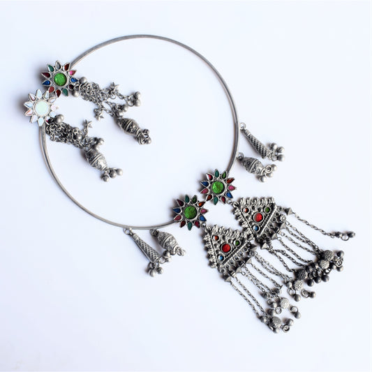 Harsha Tribal Hasli German Silver Afghani Necklace Set