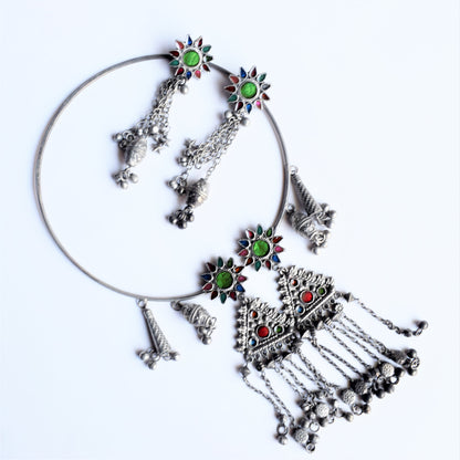 Harsha Tribal Hasli German Silver Afghani Necklace Set