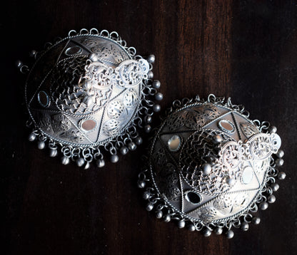 Designer German Silver Jumbo Carved Mirror Jhumka