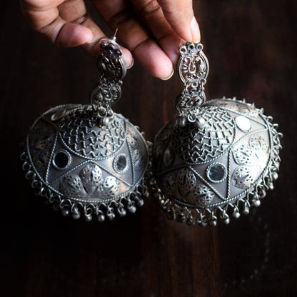 Designer German Silver Jumbo Carved Mirror Jhumka