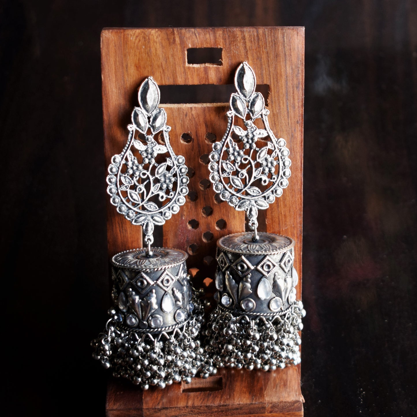 Carved German Silver Statement Jhumka