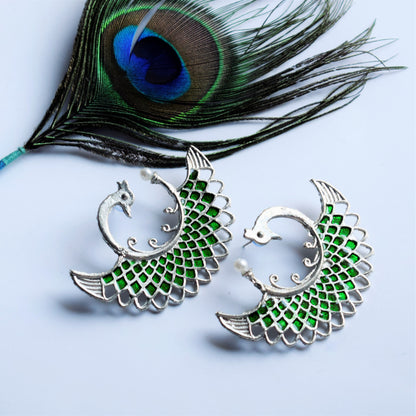 Silver Shine Meenakari Peacock Pearl Stud - Glitter Gleam
