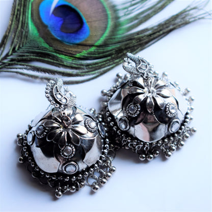 Silver Oxidised Peacock Kundan Jhumka