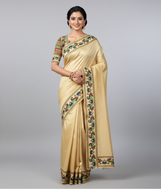 Cotton Silk Saree with Peacock Kalamkari Print Border and Blouse