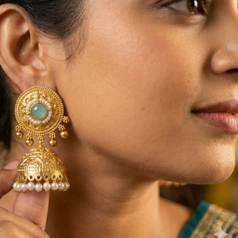 Manmohini Pearl and Gem Matt Gold Ghungroo Jhumka