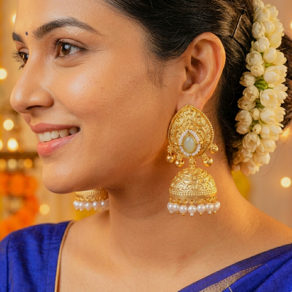 Kishalaya Pearl and Gem Matt Gold Ghungroo Jhumka