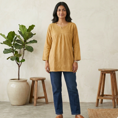 Short Golden Chikan Kurti with Pleated Neck Embroidery