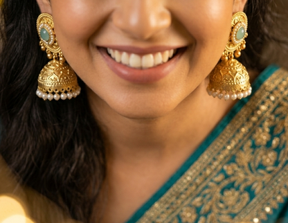Manmohini Pearl and Gem Matt Gold Ghungroo Jhumka