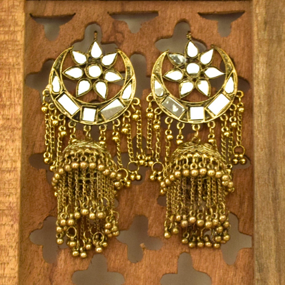 Sun and Moon Golden Oxidised Mirror Jhumka