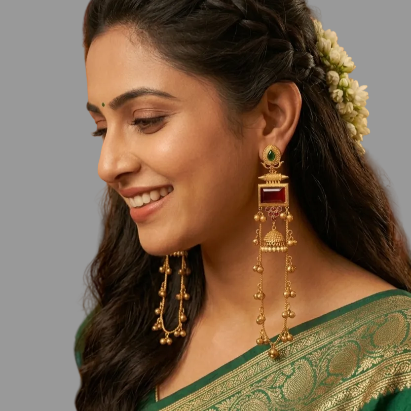 Woman wearing traditional earrings with a blurred background