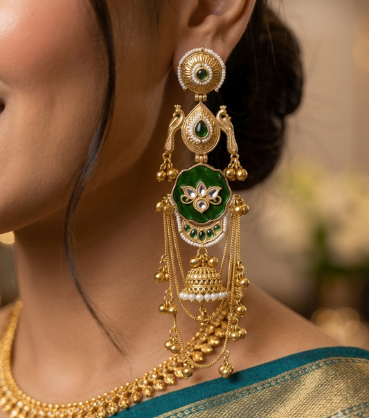 Kamalnayanam Matt Gold Long Ghungroo Peacock Jhumka