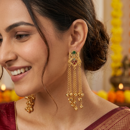 Royal Arch Matt Gold Ghungroo Chandelier Earrings