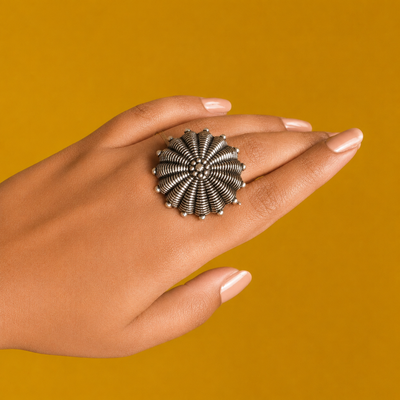 Large German Silver Oxidized Gerbera Finger Ring