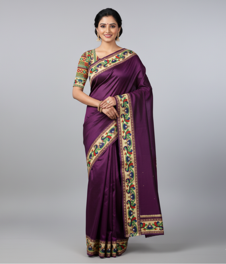 Cotton Silk Saree with Peacock Kalamkari Print Border and Blouse