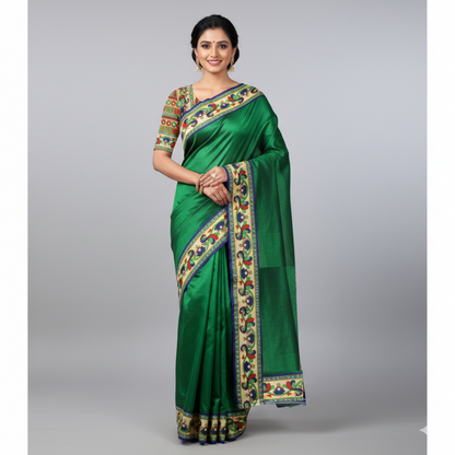 Cotton Silk Saree with Peacock Kalamkari Print Border and Blouse - Glitter Gleam