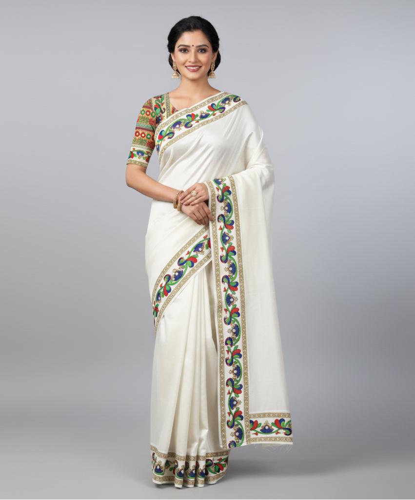 Cotton Silk Saree with Peacock Kalamkari Print Border and Blouse