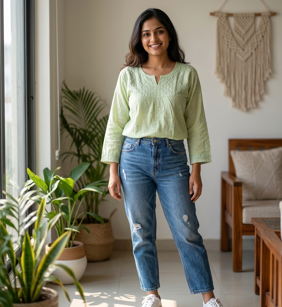 Woman in a light green top and blue jeans standing in a room with plants and furniture.