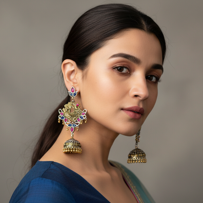 Woman wearing ornate earrings against a neutral background