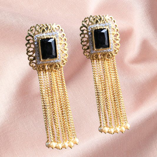 Golden Black Gem Tassel Drop Earring